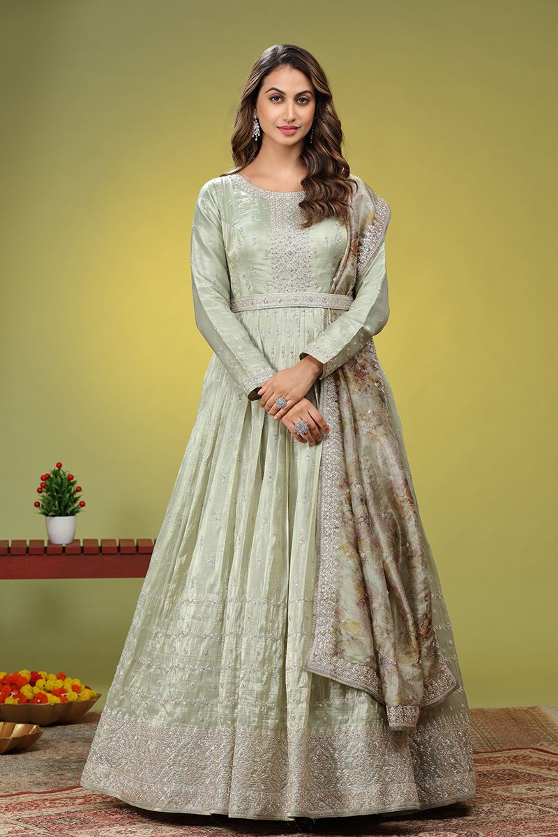 Impressive Pista Green Dola Silk Designer Anarkali Suit for Engagement and Reception