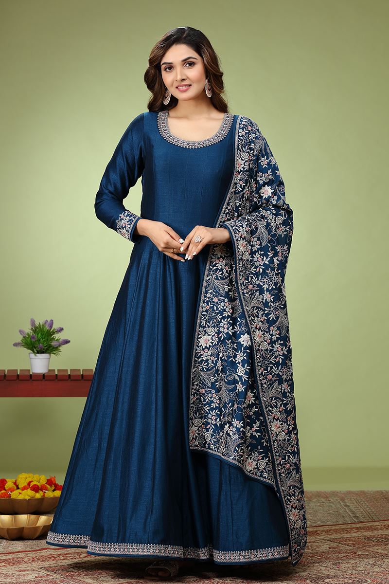 Irresistible Navy Blue Dola Silk Designer Anarkali Suit for Party and Sangeet