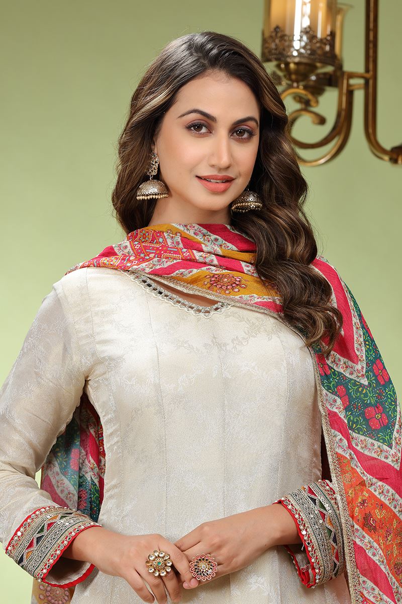 Enticing Cream Dola Silk Designer Anarkali Suit for Party, Festivals, and Sangeet