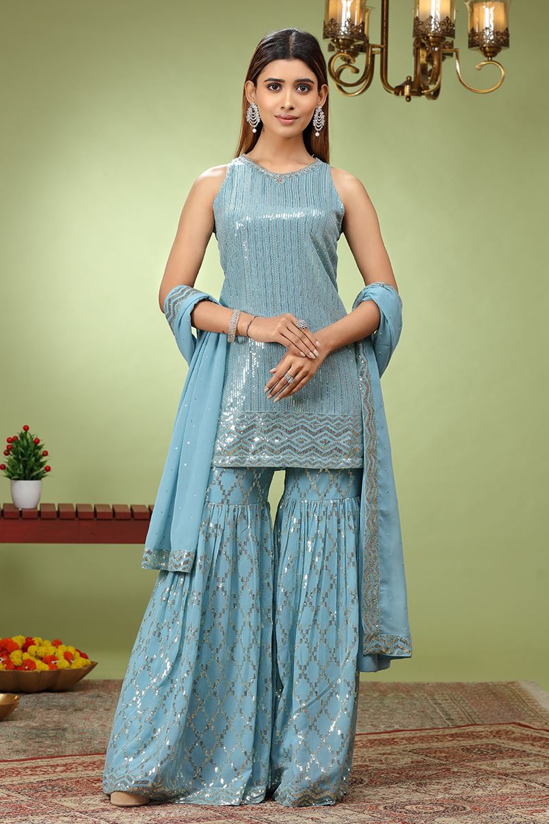 Alluring Sky Blue Designer Gharara Suit for Engagement, Sangeet, Party, and Festivals