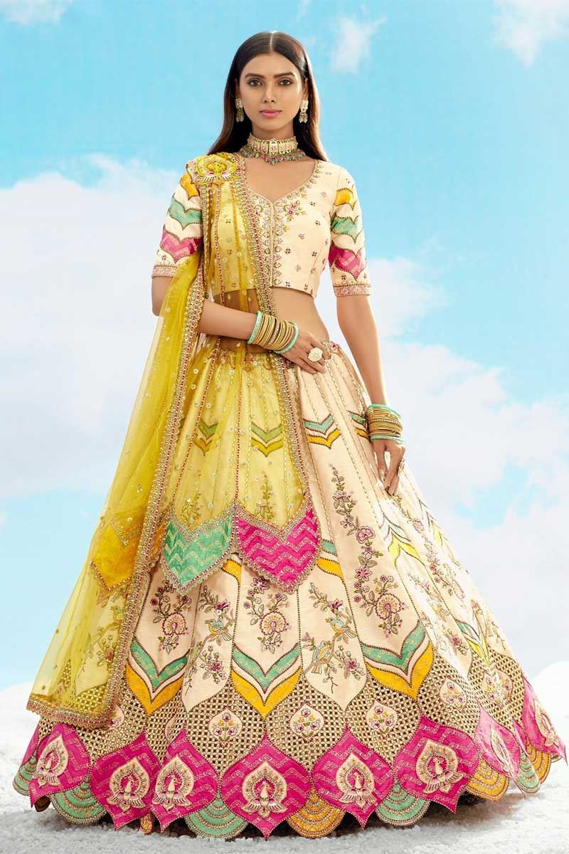 Smashing Cream Designer Wedding Lehenga Choli for Wedding, Sangeet, Party, and Reception