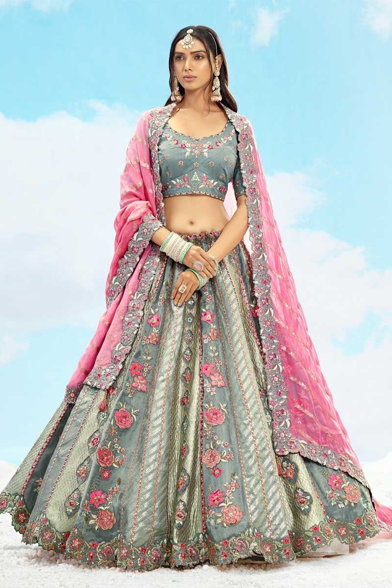 Flamboyant Grey Designer Wedding Lehenga Choli for Sangeet, Party, and Reception