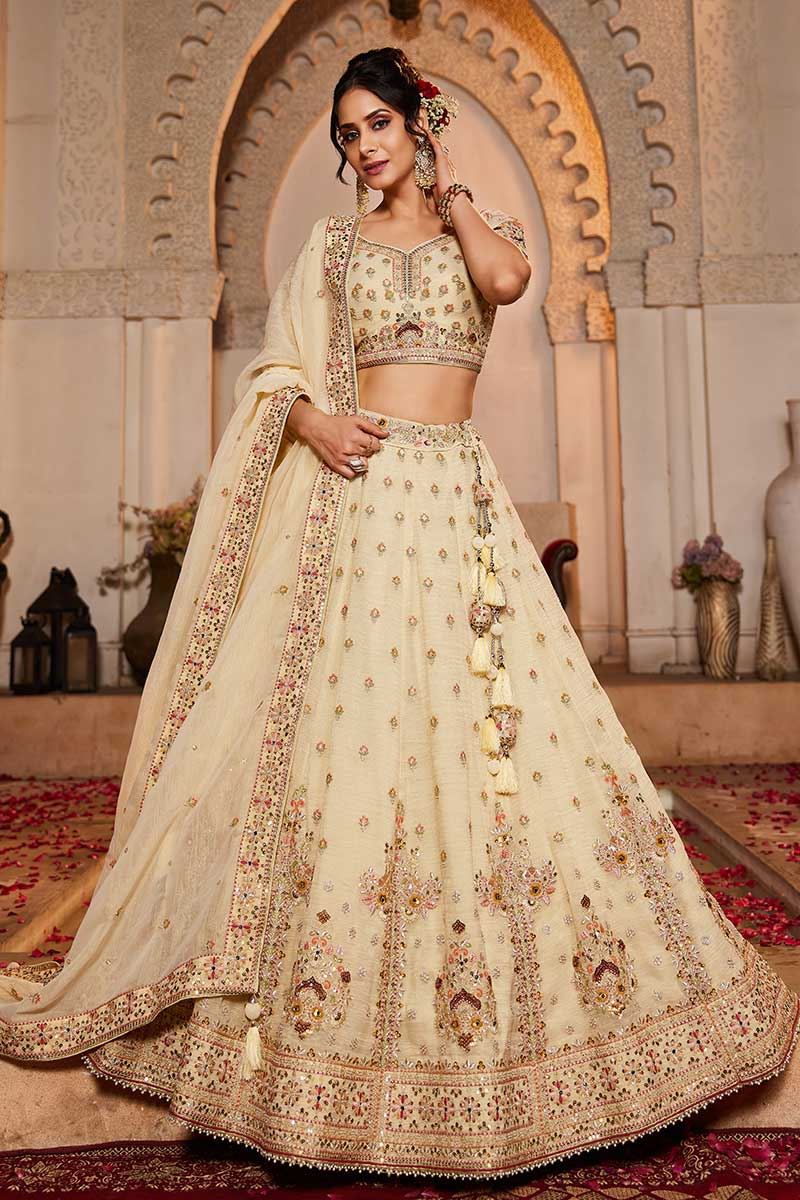 Alluring Cream Designer Bridal Lehenga Choli for Engagement, Sangeet, Wedding, and Reception