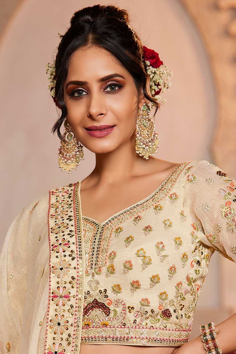 Alluring Cream Designer Bridal Lehenga Choli for Engagement, Sangeet, Wedding, and Reception