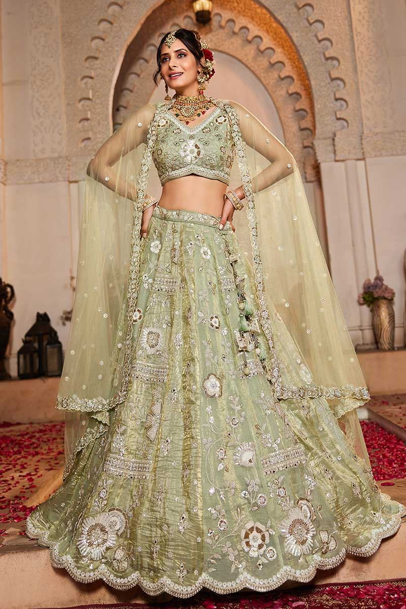 Attractive Lime Green Designer Indo-Western Lehenga Choli for Engagement, Sangeet, and Reception