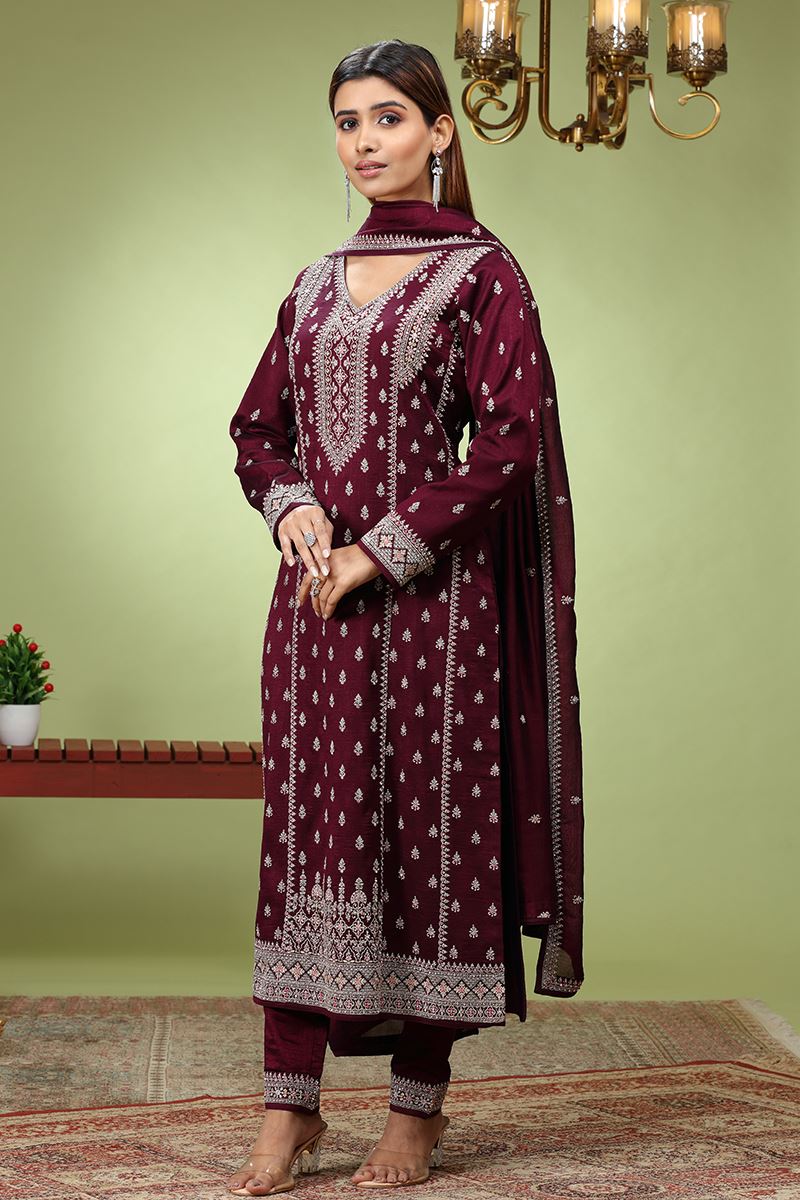 Beautiful Maroon Designer Straight Cut Suit for Wedding, Reception, Party and Festivals