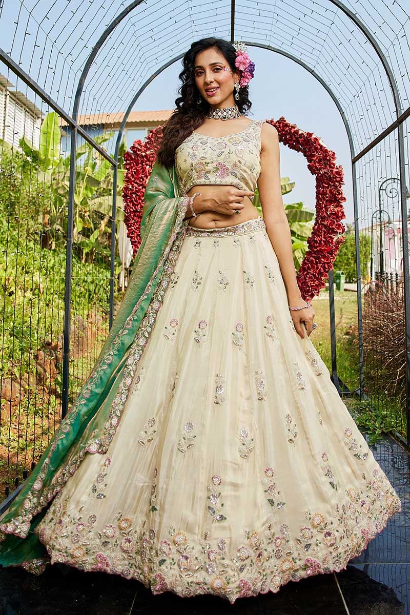 Divine Cream Designer Indo-Western Lehenga Choli for Engagement, Sangeet, Party, and Reception