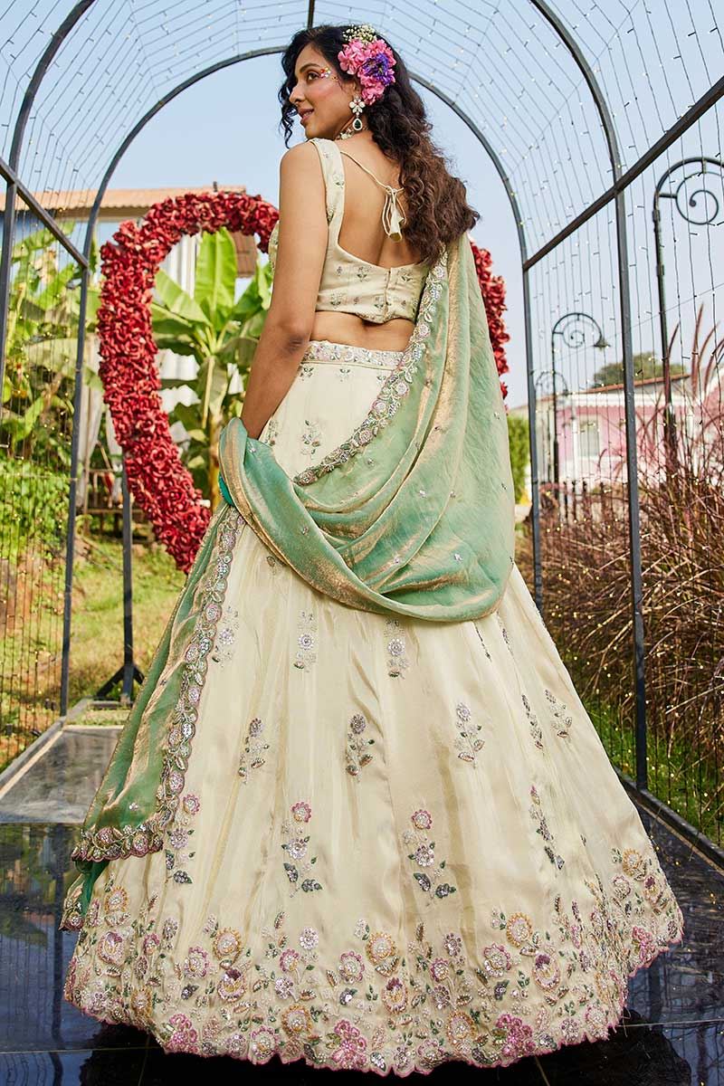 Divine Cream Designer Indo-Western Lehenga Choli for Engagement, Sangeet, Party, and Reception