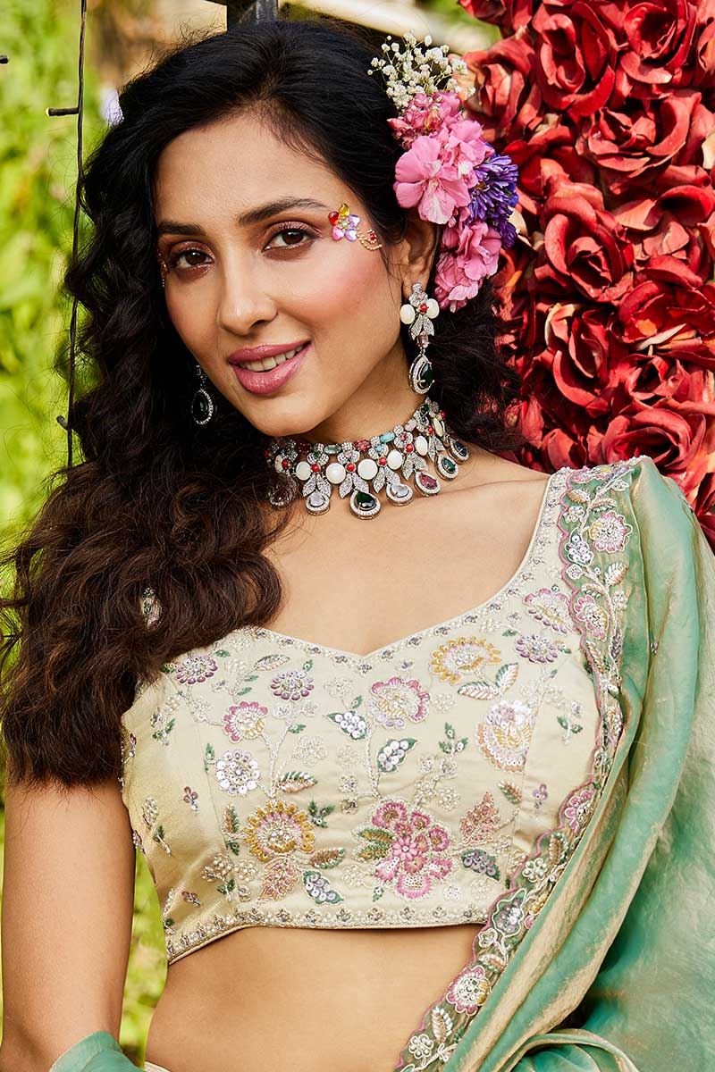 Divine Cream Designer Indo-Western Lehenga Choli for Engagement, Sangeet, Party, and Reception