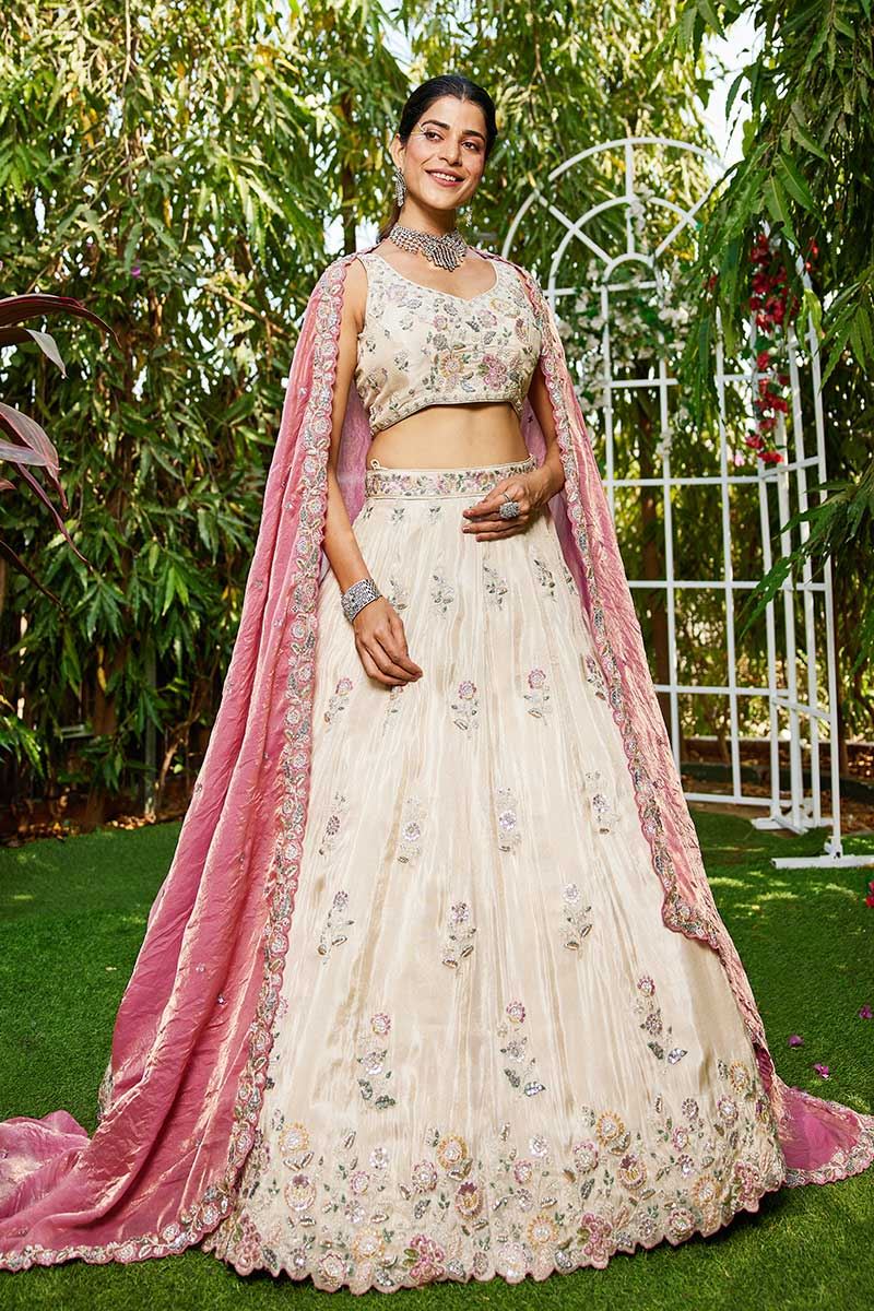 Gorgeous Cream and Pink Designer Indo-Western Lehenga Choli for Engagement, Sangeet, Party, and Reception