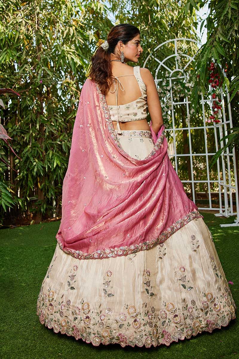 Gorgeous Cream and Pink Designer Indo-Western Lehenga Choli for Engagement, Sangeet, Party, and Reception