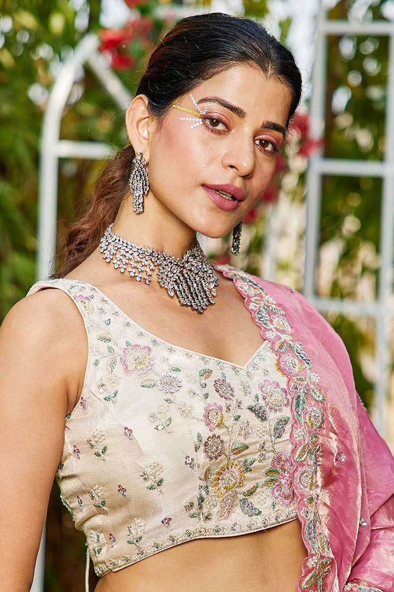 Gorgeous Cream and Pink Designer Indo-Western Lehenga Choli for Engagement, Sangeet, Party, and Reception