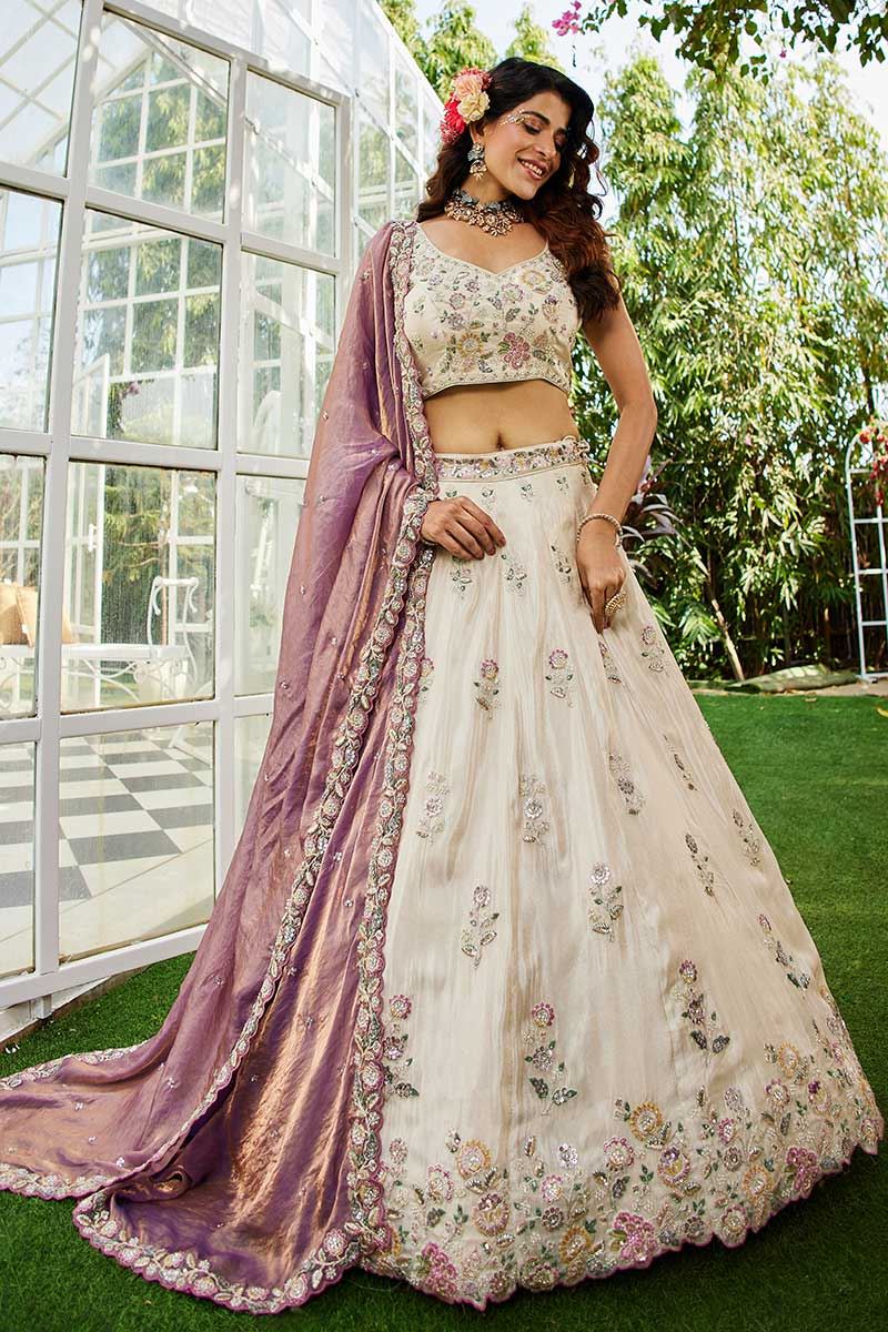 Astounding Cream Designer Indo-Western Lehenga Choli for Engagement, Sangeet, Party, and Reception
