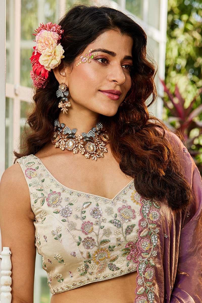 Astounding Cream Designer Indo-Western Lehenga Choli for Engagement, Sangeet, Party, and Reception