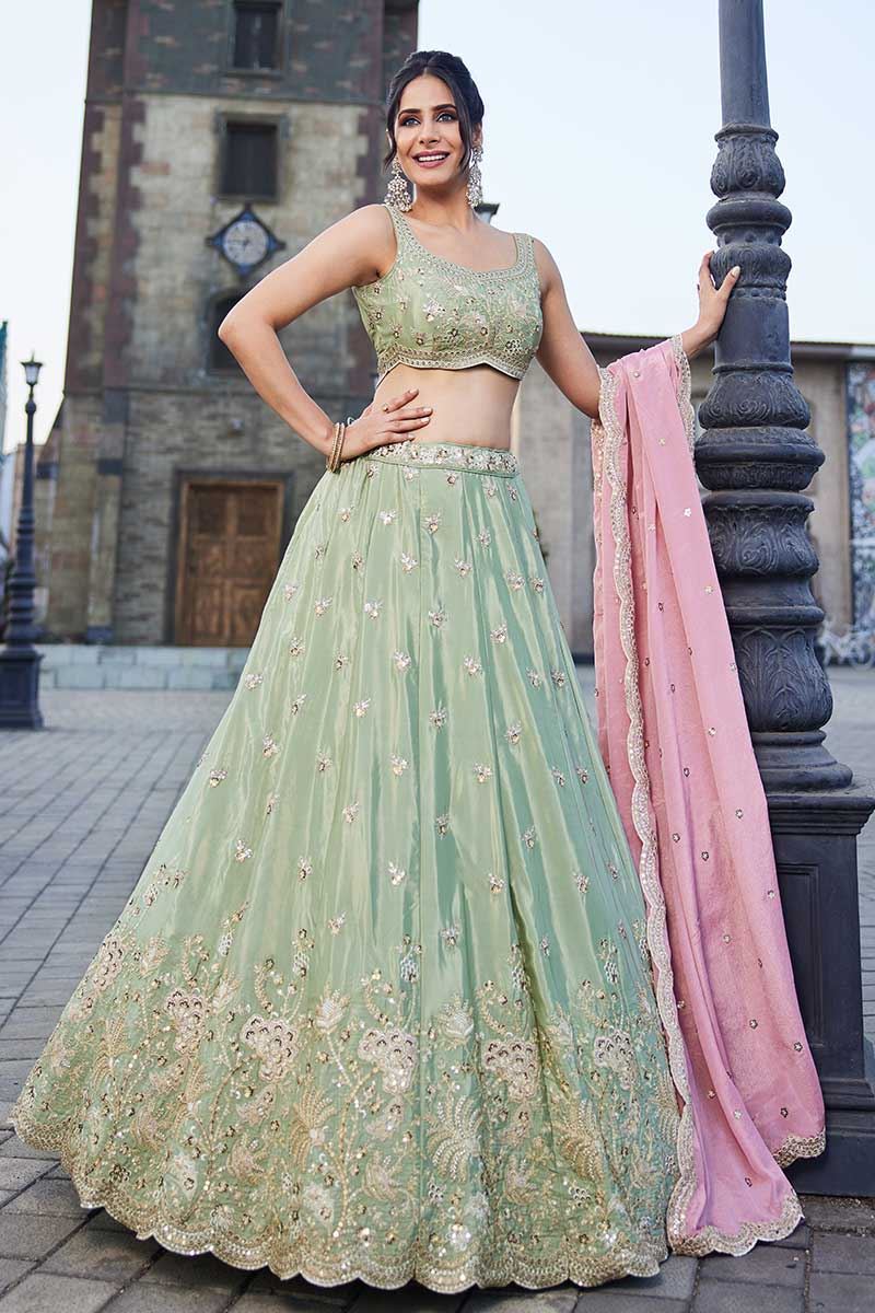 Impressive Lime Green Designer Indo-Western Lehenga Choli for Engagement, Sangeet, Party, and Reception