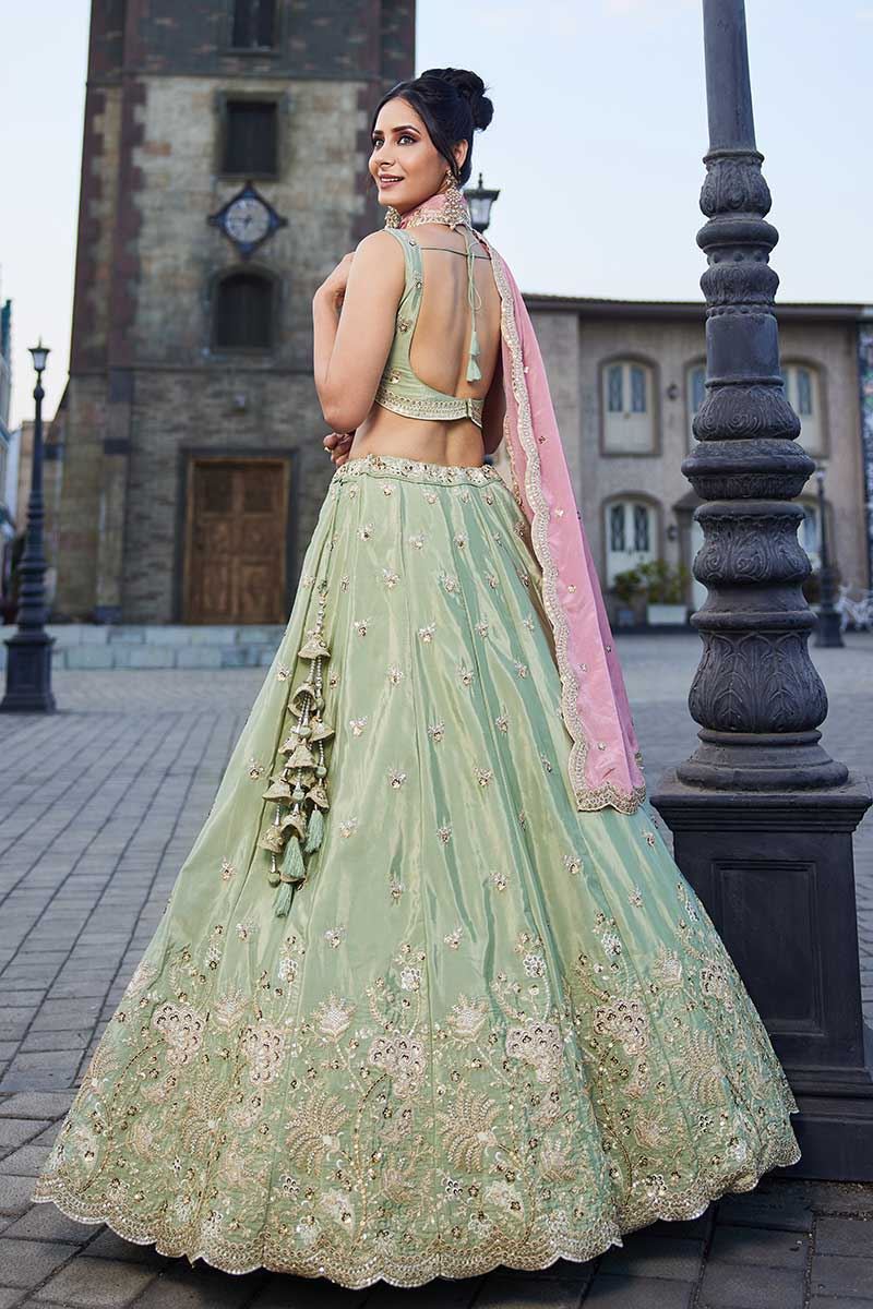 Impressive Lime Green Designer Indo-Western Lehenga Choli for Engagement, Sangeet, Party, and Reception