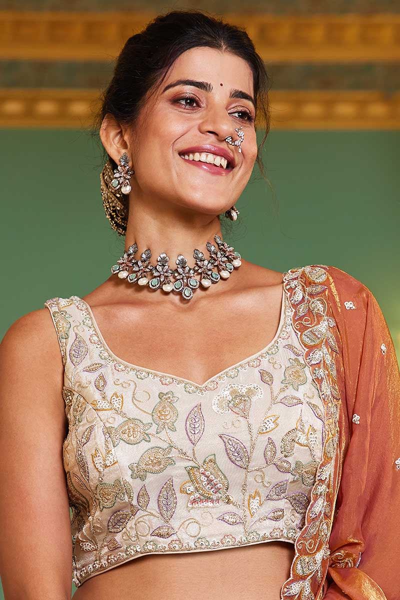 Outstanding Off-White Designer Indo-Western Lehenga Choli for Engagement, Sangeet, Reception, and Party