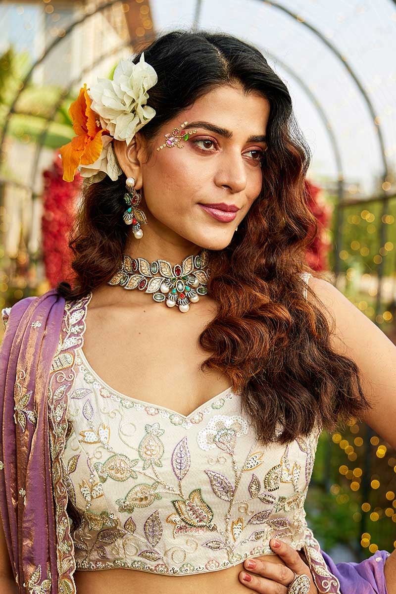 Magnificent Cream Designer Indo-Western Lehenga Choli for Engagement, Sangeet, Party, and Reception