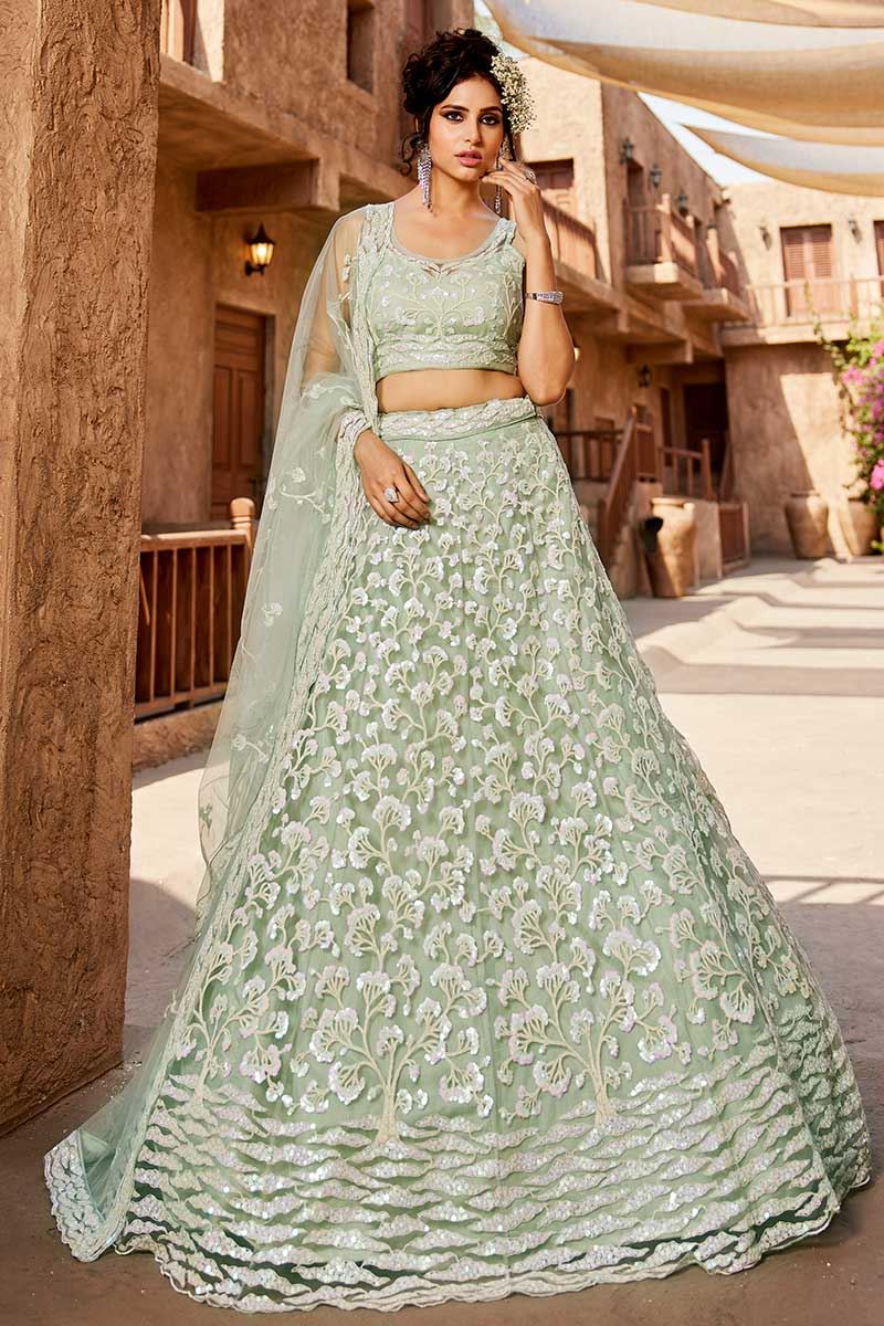 Enticing Lime Green Designer Indo-Western Lehenga Choli for Engagement, Sangeet, and Reception
