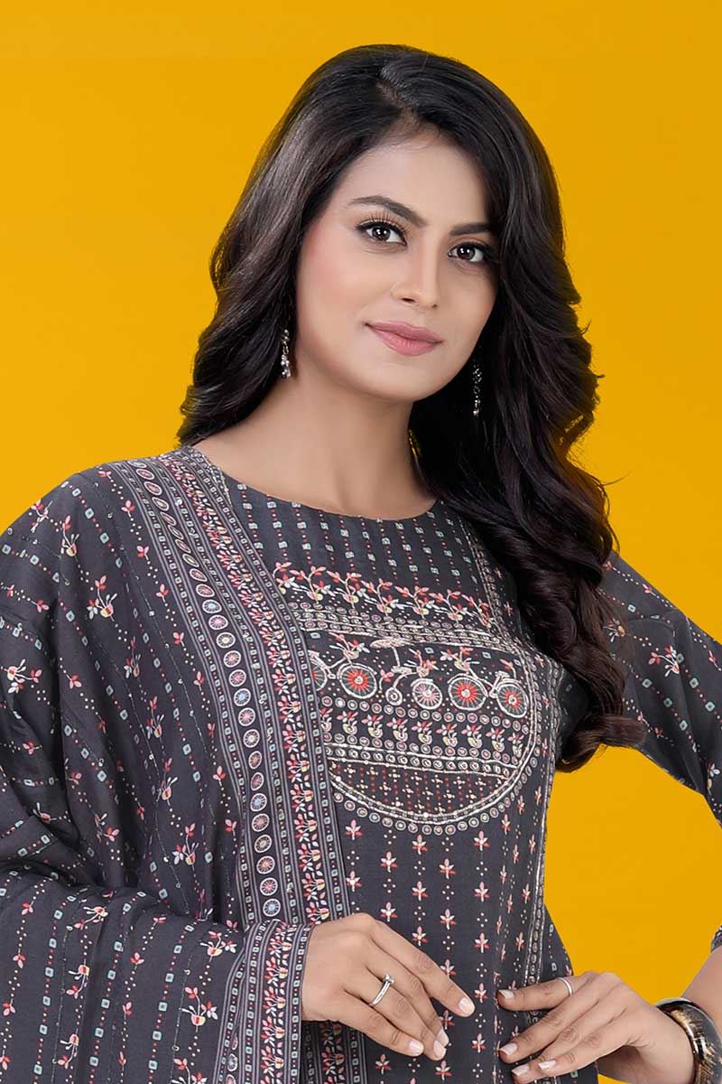 Alluring Grey Designer Straight Cut Suit for Party, Sangeet, and Festivals