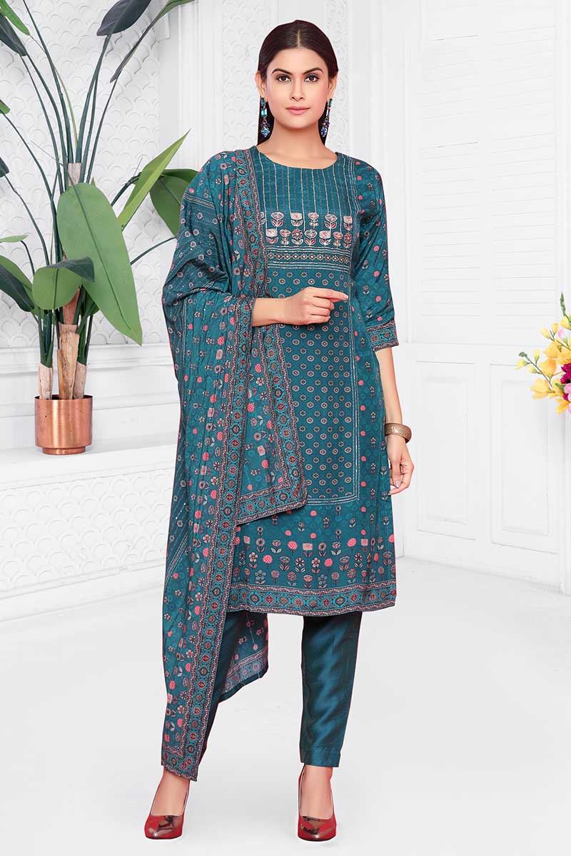 Fascinating Blue Designer Straight Cut Suit for Sangeet, Party, and Festivals