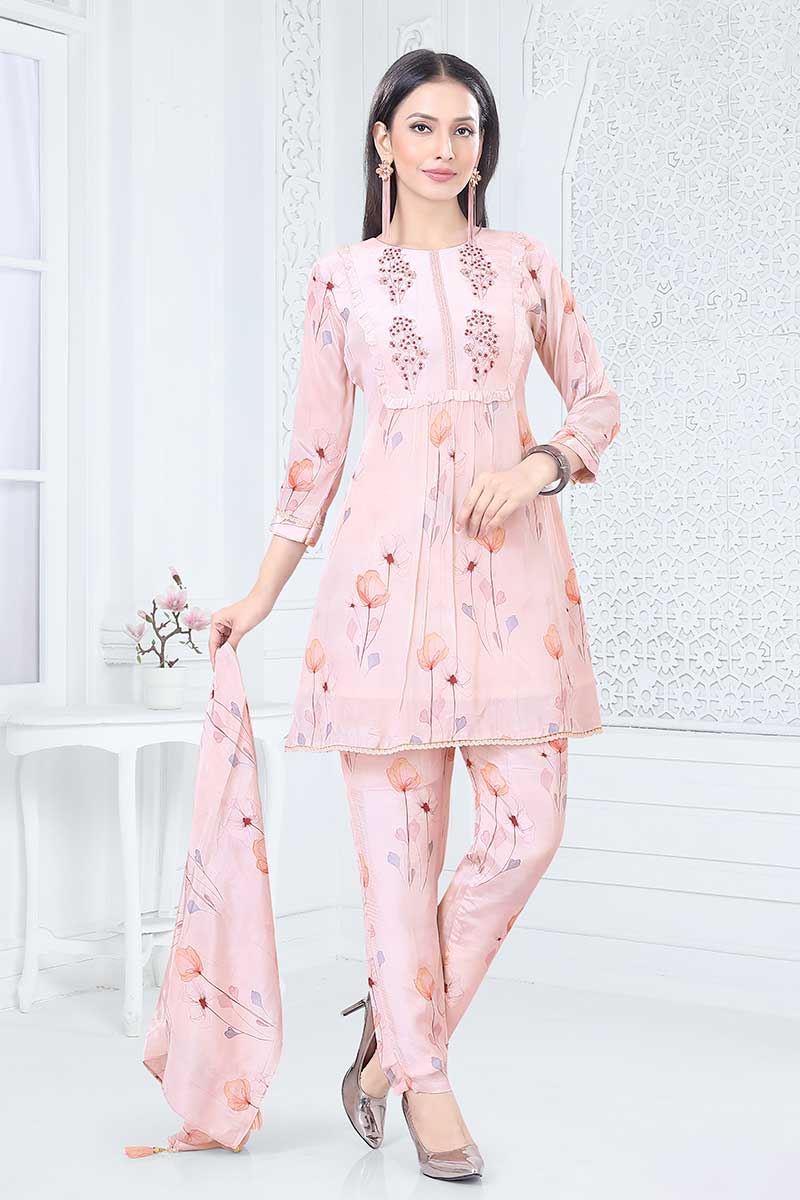 Pretty Peach Designer Straight Cut Suit for Party, Sangeet, and Festivals