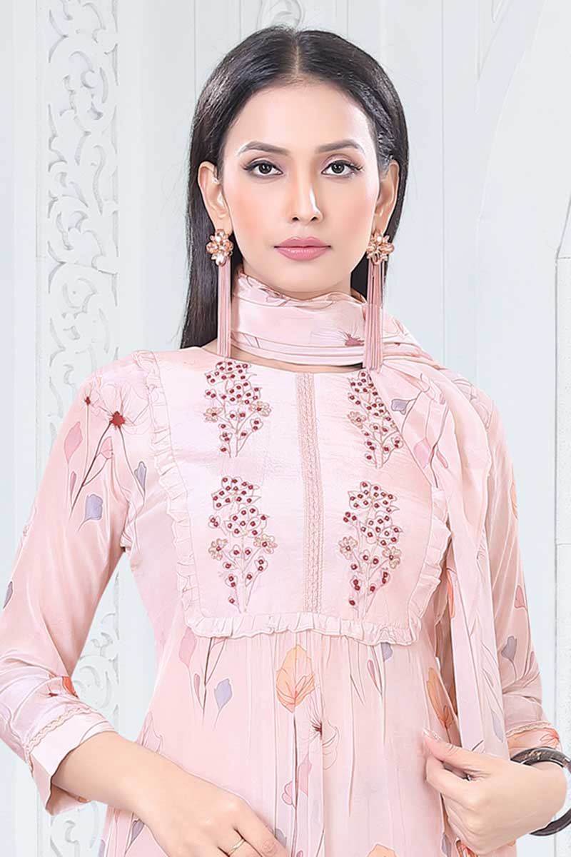 Pretty Peach Designer Straight Cut Suit for Party, Sangeet, and Festivals
