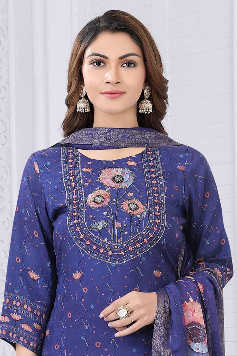 Delightful Navy Blue Designer Straight Cut Suit for Party, Sangeet, and Festivals