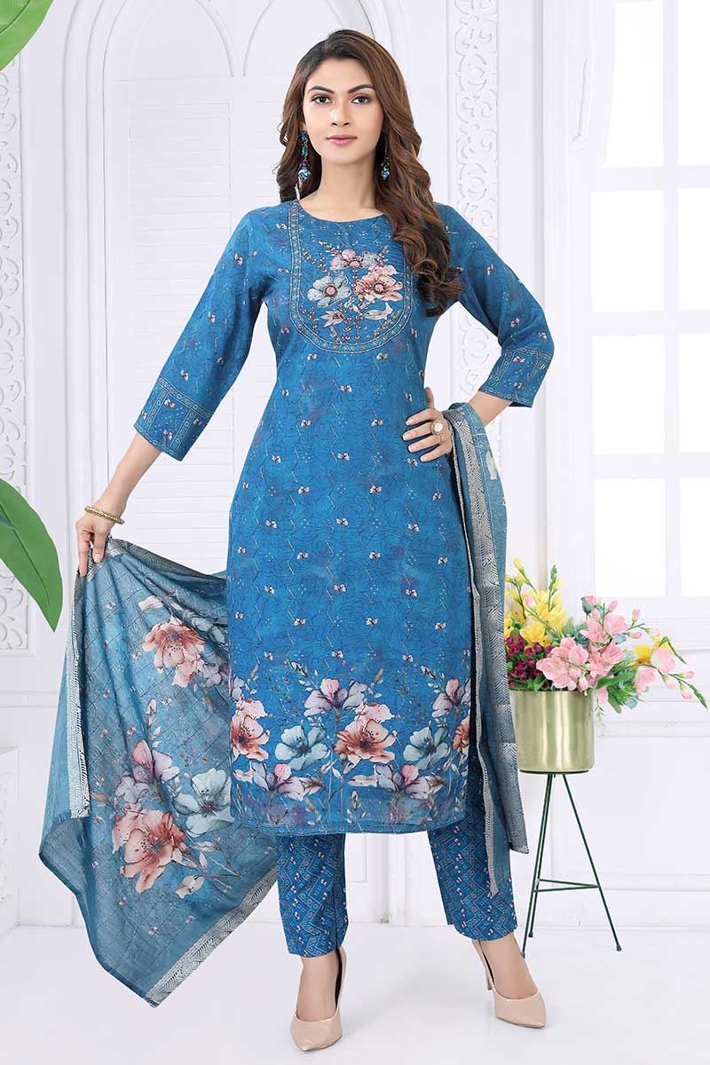Charming Blue Designer Straight Cut Suit for Party, Sangeet, and Festivals