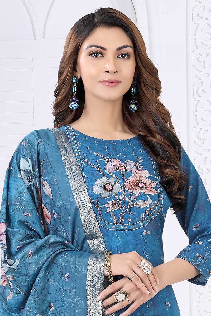 Charming Blue Designer Straight Cut Suit for Party, Sangeet, and Festivals