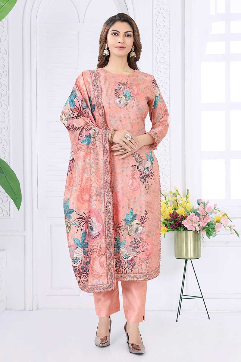 Astounding Peach Designer Straight Cut Suit for Party, Sangeet, and Festivals