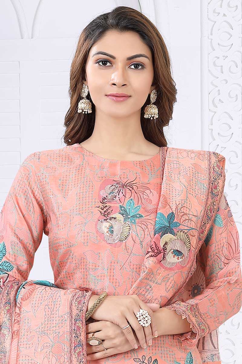 Astounding Peach Designer Straight Cut Suit for Party, Sangeet, and Festivals