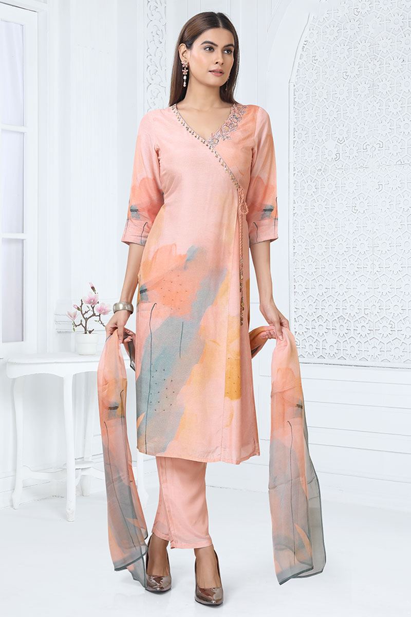 Exquisite Peach Designer Straight Cut Suit for Party, Sangeet, and Festivals