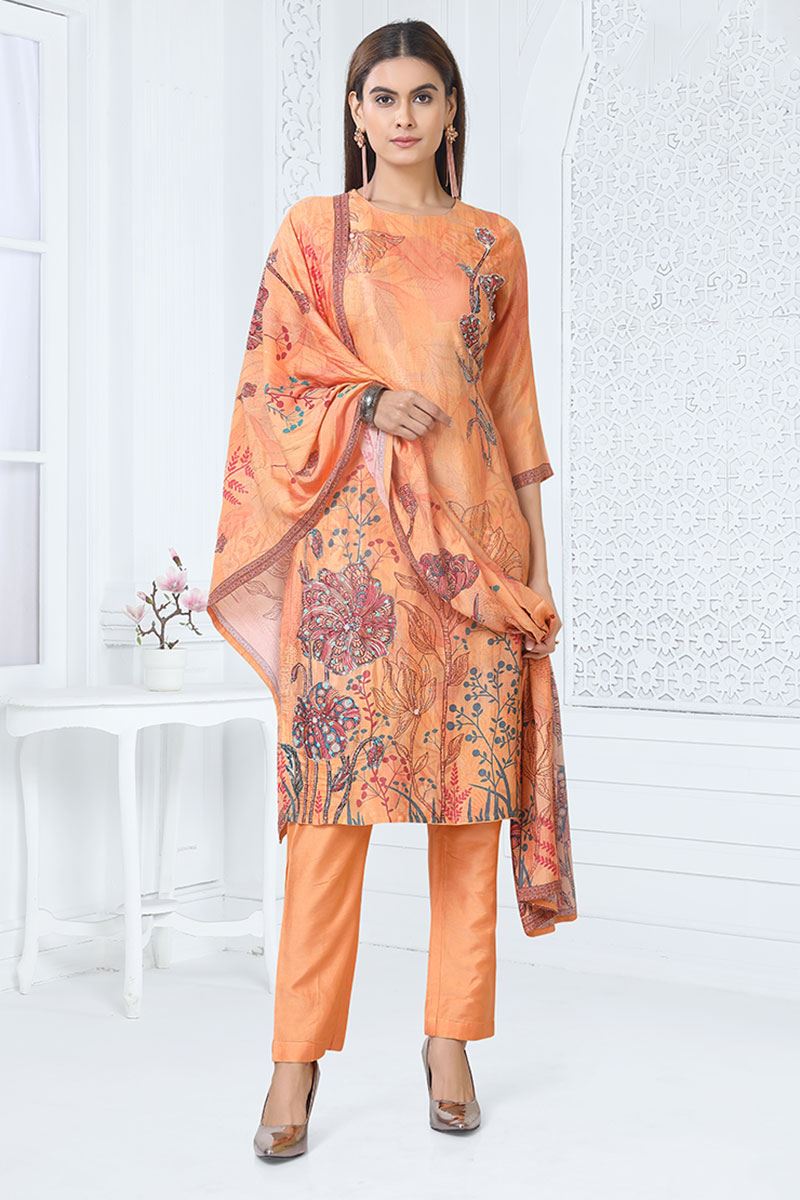 Spectacular Coral Designer Straight Cut Suit for Party, Sangeet, and Festivals