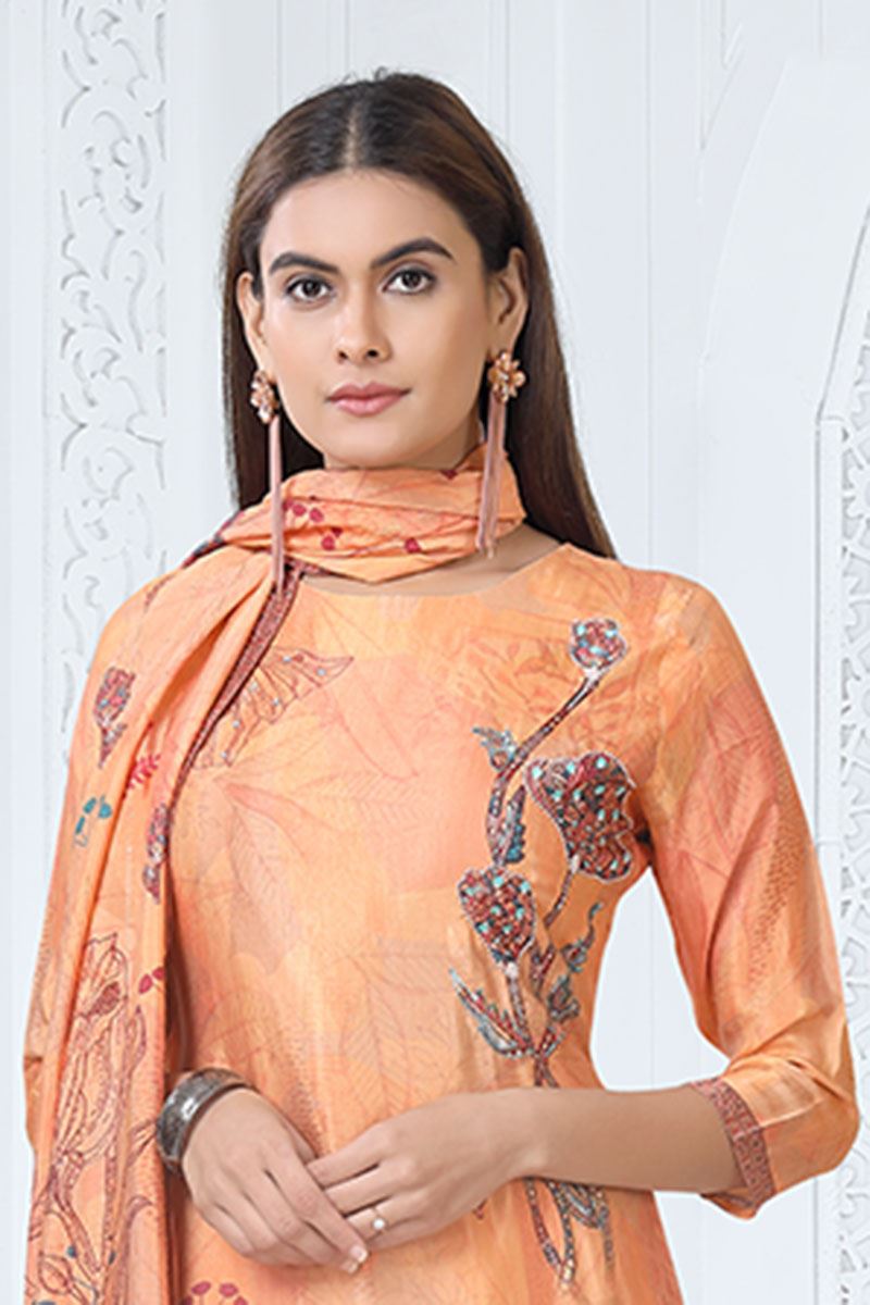 Spectacular Coral Designer Straight Cut Suit for Party, Sangeet, and Festivals