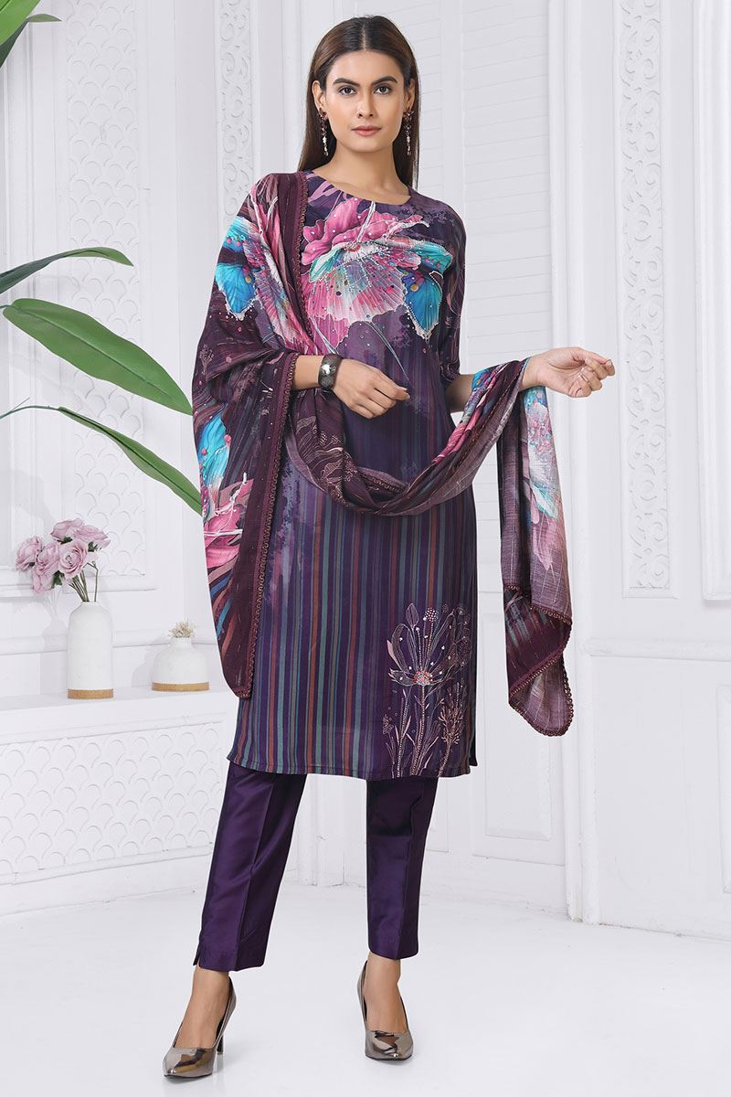 Outstanding Violet Designer Straight Cut Suit for Party, Sangeet, and Festivals