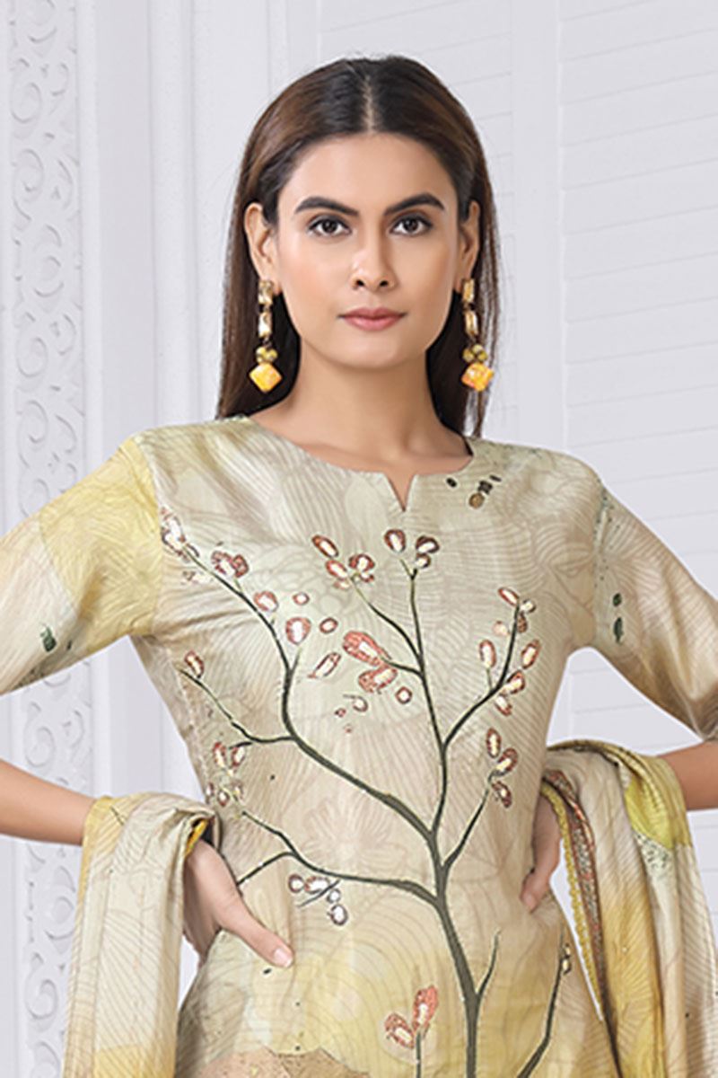 Splendid Cream and Mustard Designer Straight Cut Suit for Party, Sangeet, and Festivals
