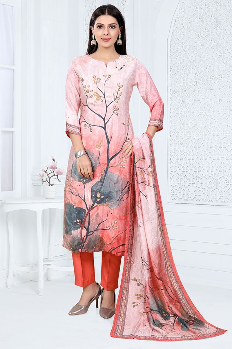 Bollywood Peach Designer Straight Cut Suit for Party, Sangeet, and Festivals