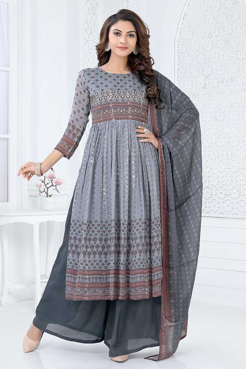 Amazing Grey Designer Straight Cut Suit for Party, Sangeet, and Festivals