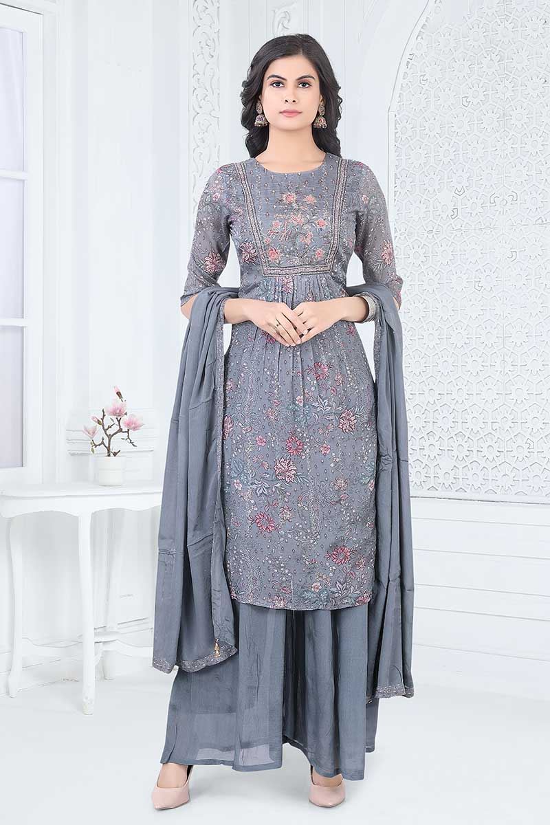 Royal Grey Designer Straight Cut Suit for Party, Sangeet, and Festivals
