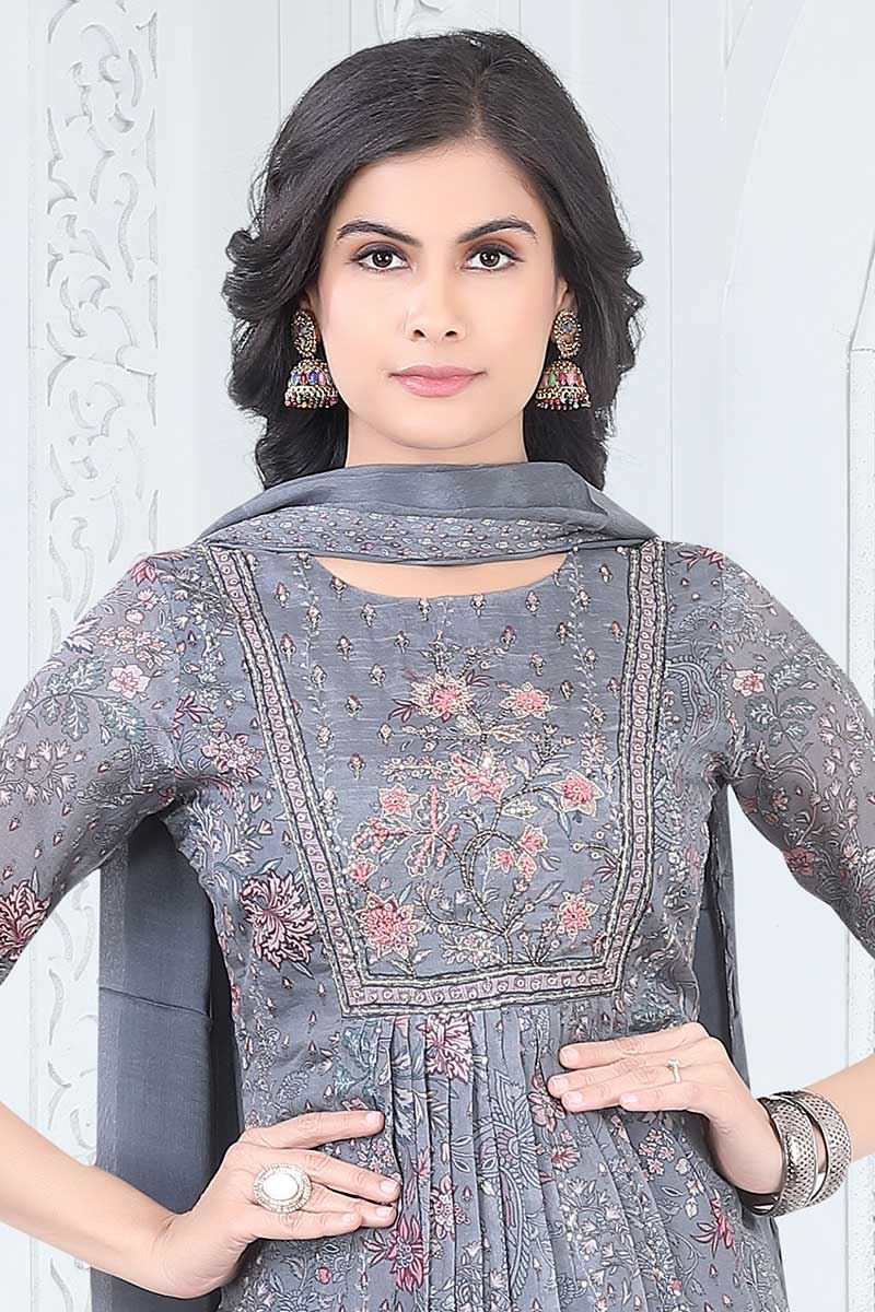 Royal Grey Designer Straight Cut Suit for Party, Sangeet, and Festivals