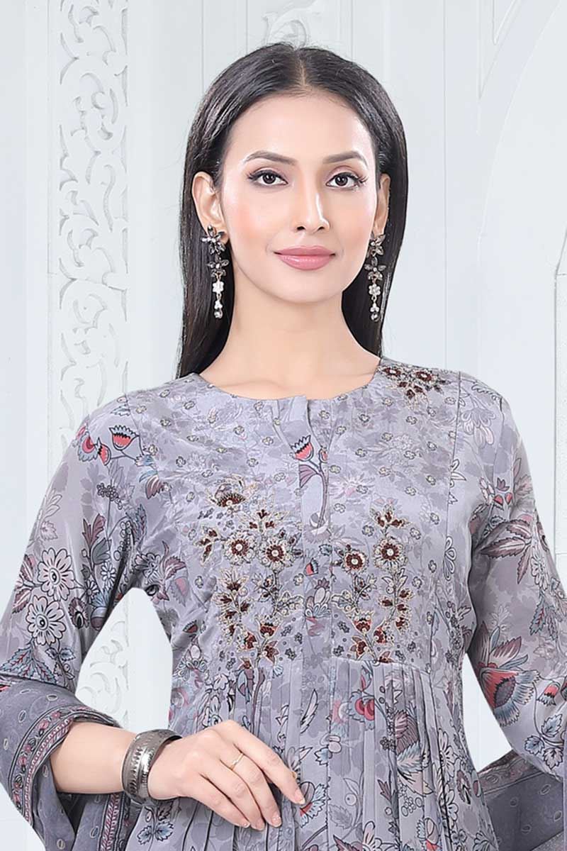 Aesthetic Grey Designer Straight Cut Suit for Party, Sangeet, and Festivals
