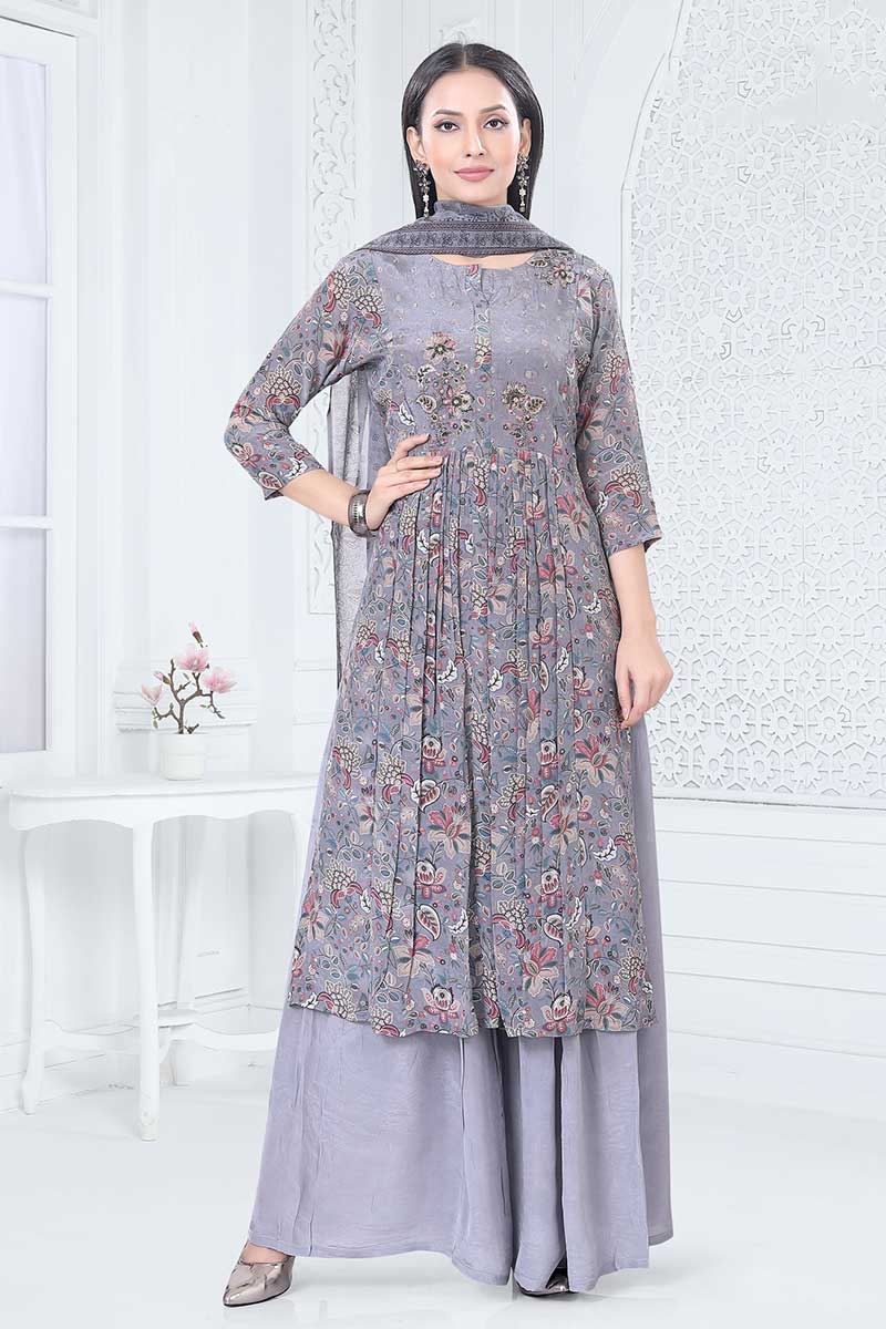 Enticing Grey Designer Straight Cut Suit for Party, Sangeet, and Festivals