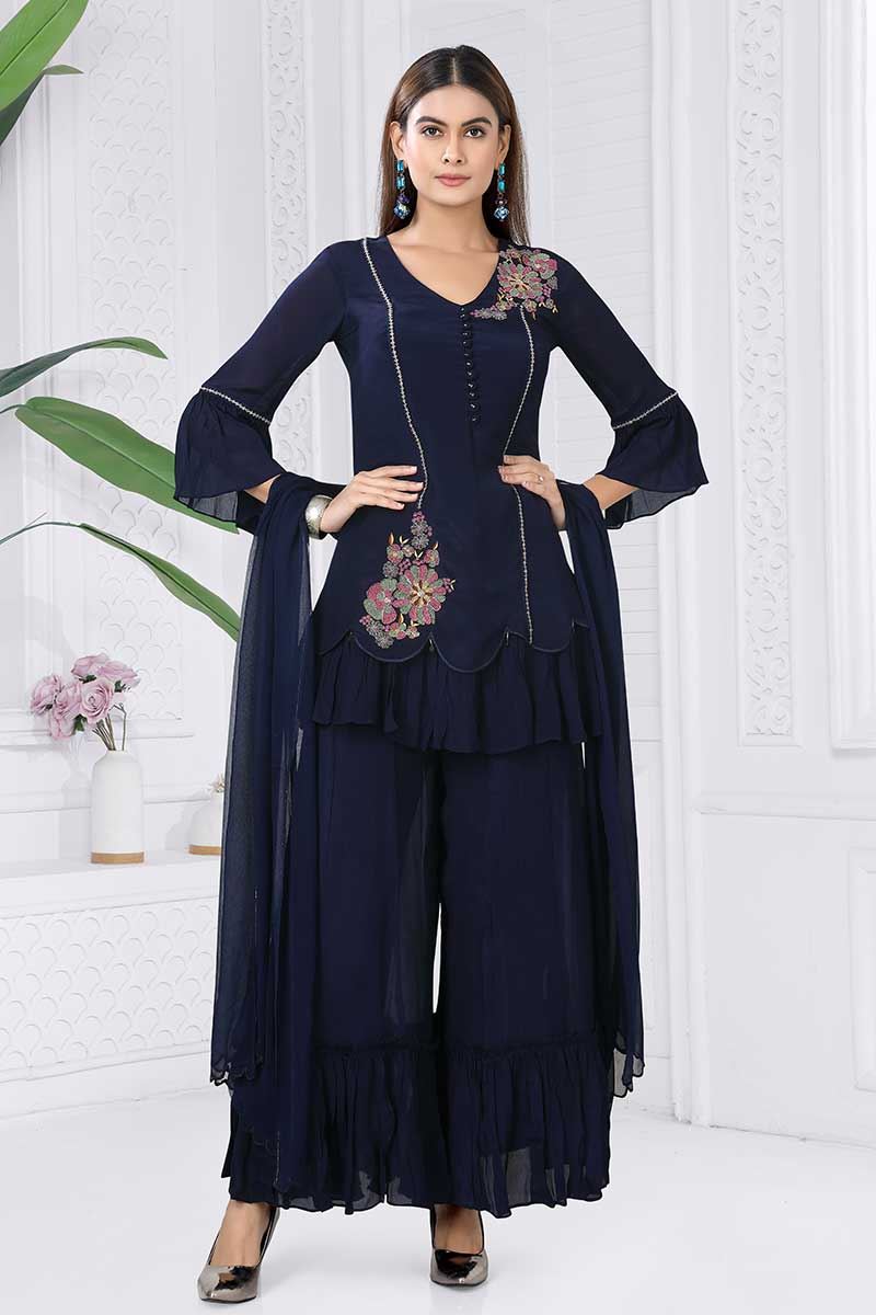 Irresistible Navy Blue Designer A-line Suit for Party, Sangeet, and Festivals