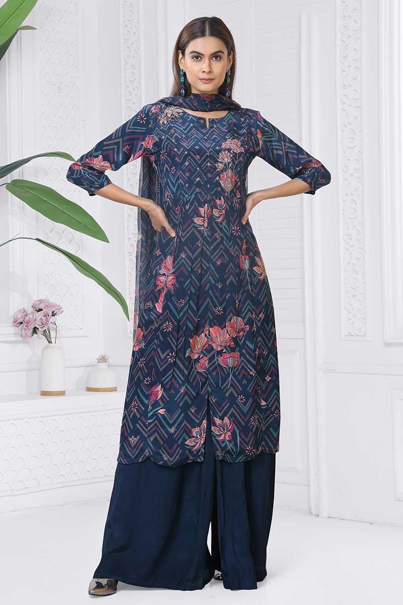 Delightful Blue Designer Straight Cut Suit for Party, Sangeet, and Festivals