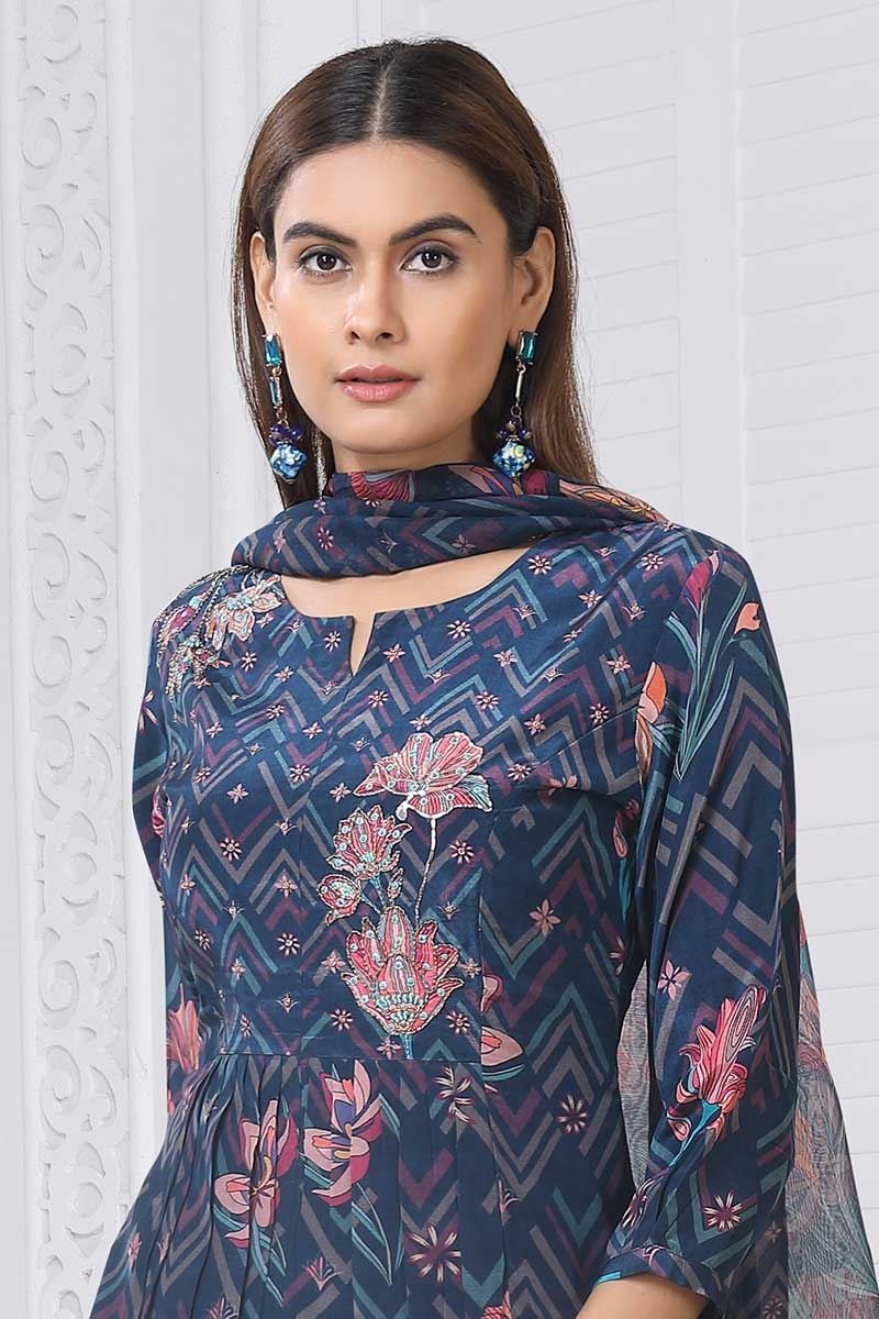 Delightful Blue Designer Straight Cut Suit for Party, Sangeet, and Festivals