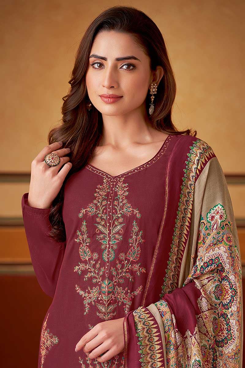Alluring Maroon Designer Straight Cut Suit for Engagement, Reception, Festivals, Sangeet, and Parties  (Unstitched suit)