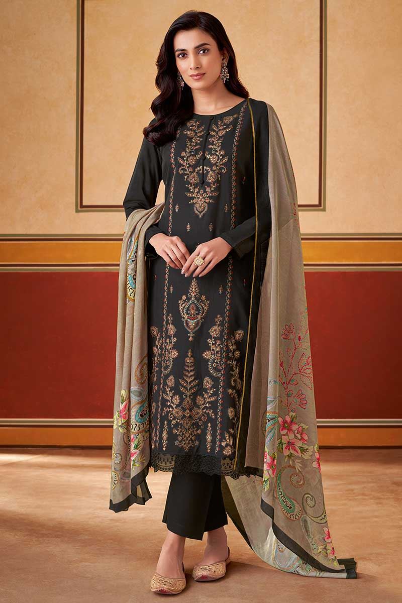 Breathtaking Black Designer Straight Cut Suit for Parties (Unstitched suit)