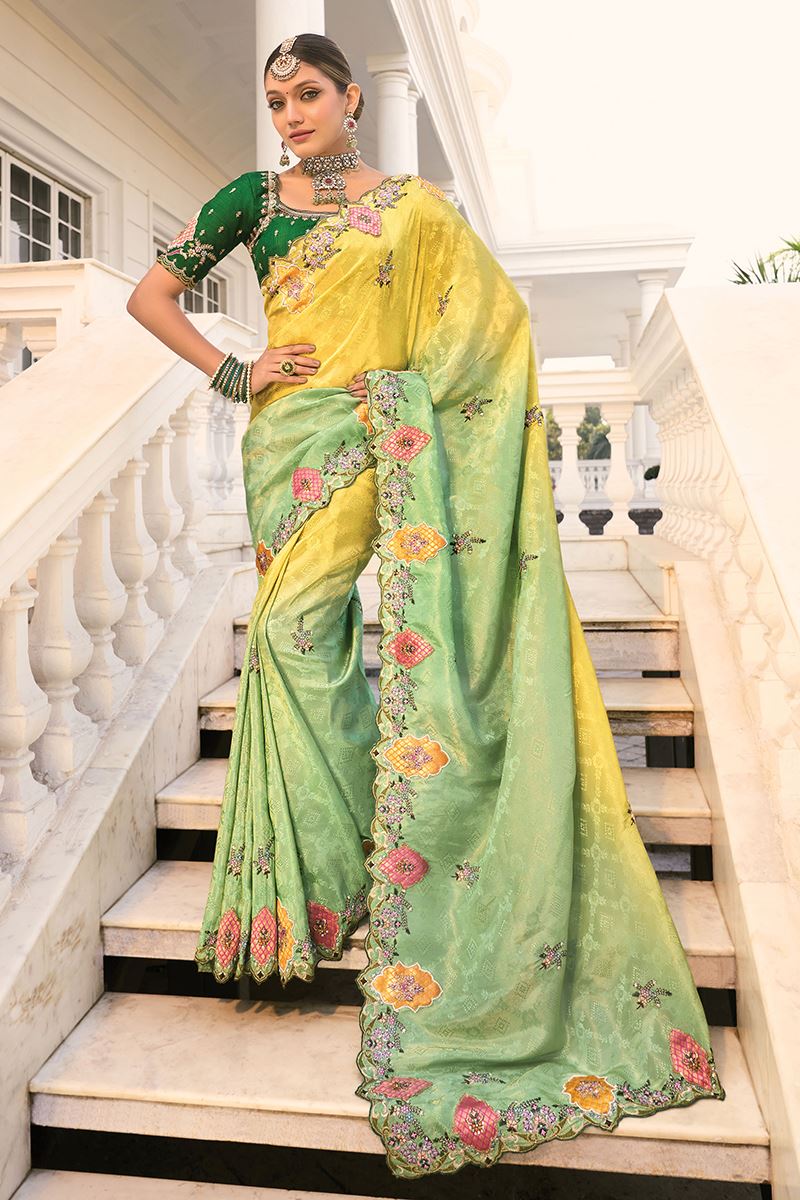 Spectacular Crepe Jacquard Designer Saree for Haldi, Engagement, Wedding, Reception, Festivals, Sangeet, and Parties