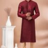 Artistic Maroon Designer Men’s Kurta Pyjama for Wedding and Reception